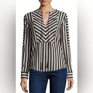 Rachel Zoe Mairi 100% Silk Black White Red Striped Tassel Blouse